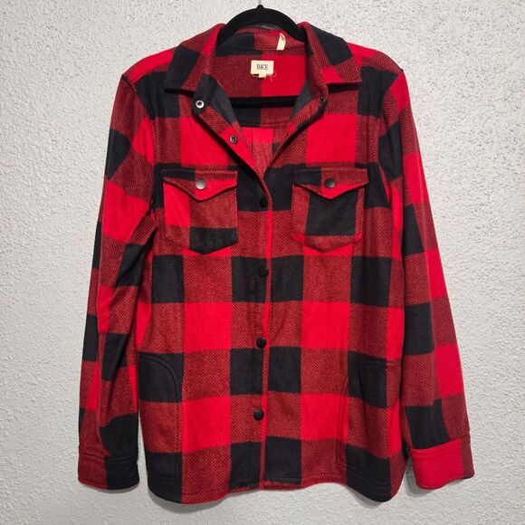 BKE Womens Eased Fit Fleece Buffalo Plaid Flannel Button Up Shacket Size S Boxy - Picture 1 of 7